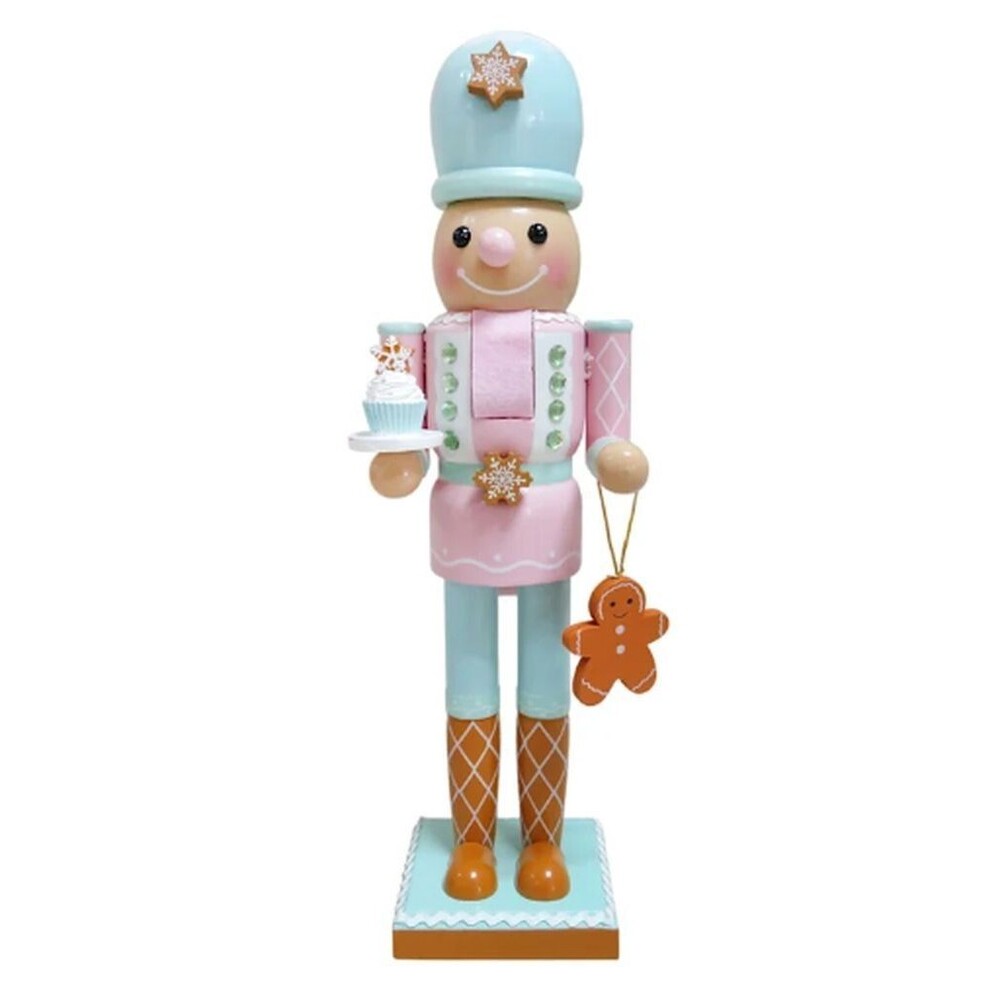 Wooden Christmas Nutcracker,14",GINGERBREAD MAN IN PINK W/GINGERBREAD & CAKE,ATH